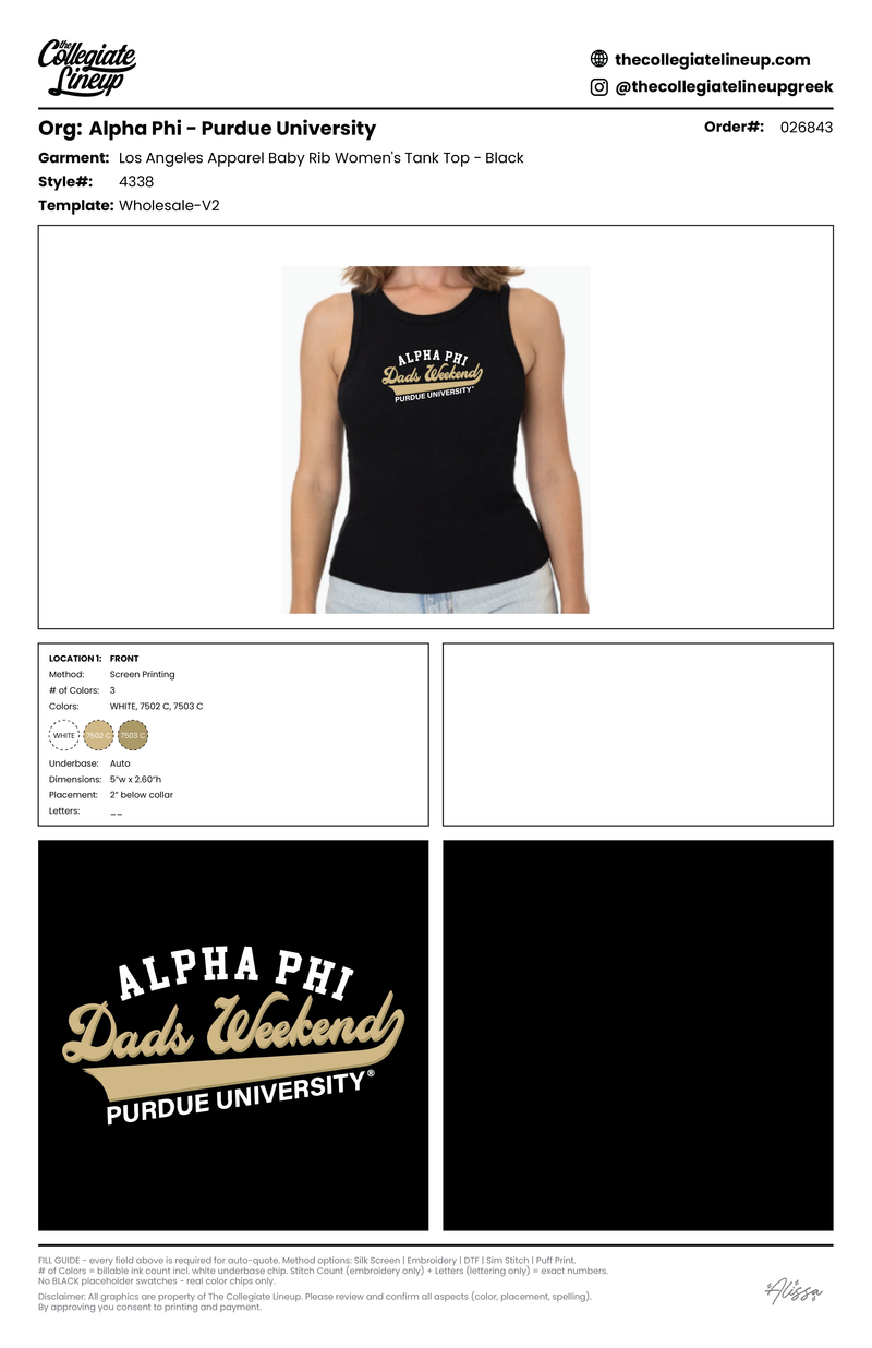 Alpha Phi Purdue University #26843 Tank Black Individual Shipping
