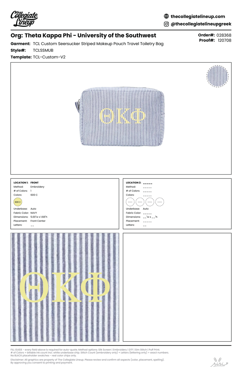 TCL Custom Seersucker Striped Makeup Pouch Travel Toiletry Bag — Navy