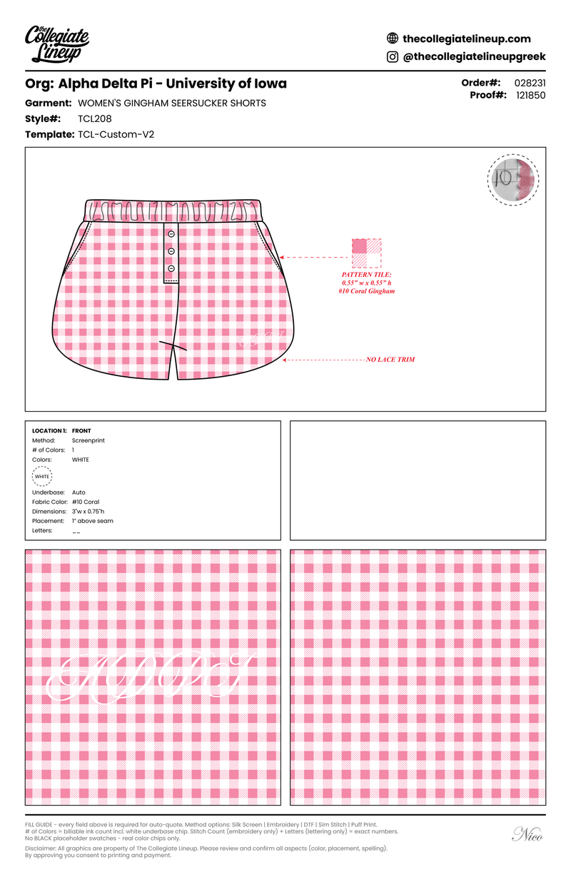 WOMEN'S GINGHAM SEERSUCKER SHORTS WITH LACE TRIM — White and rasberry